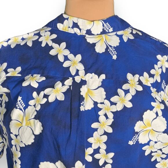 Vintage Hilo Hattie Hawaiian Shirt Blue Hibiscus Plumeria Floral Short Sleeve - Picture 4 of 10